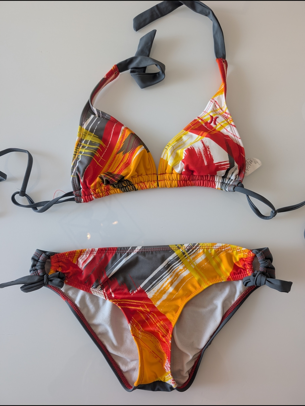 Hurley Red, Yellow & Gray Abstract Print Triangle Bikini